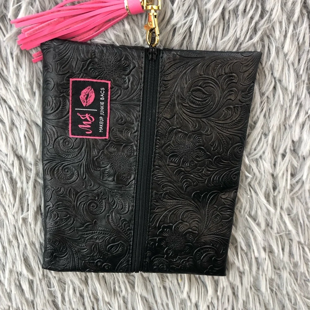 Makeup Junkie Bag Small Black Wristlet Embossed Tooled With Red Interior